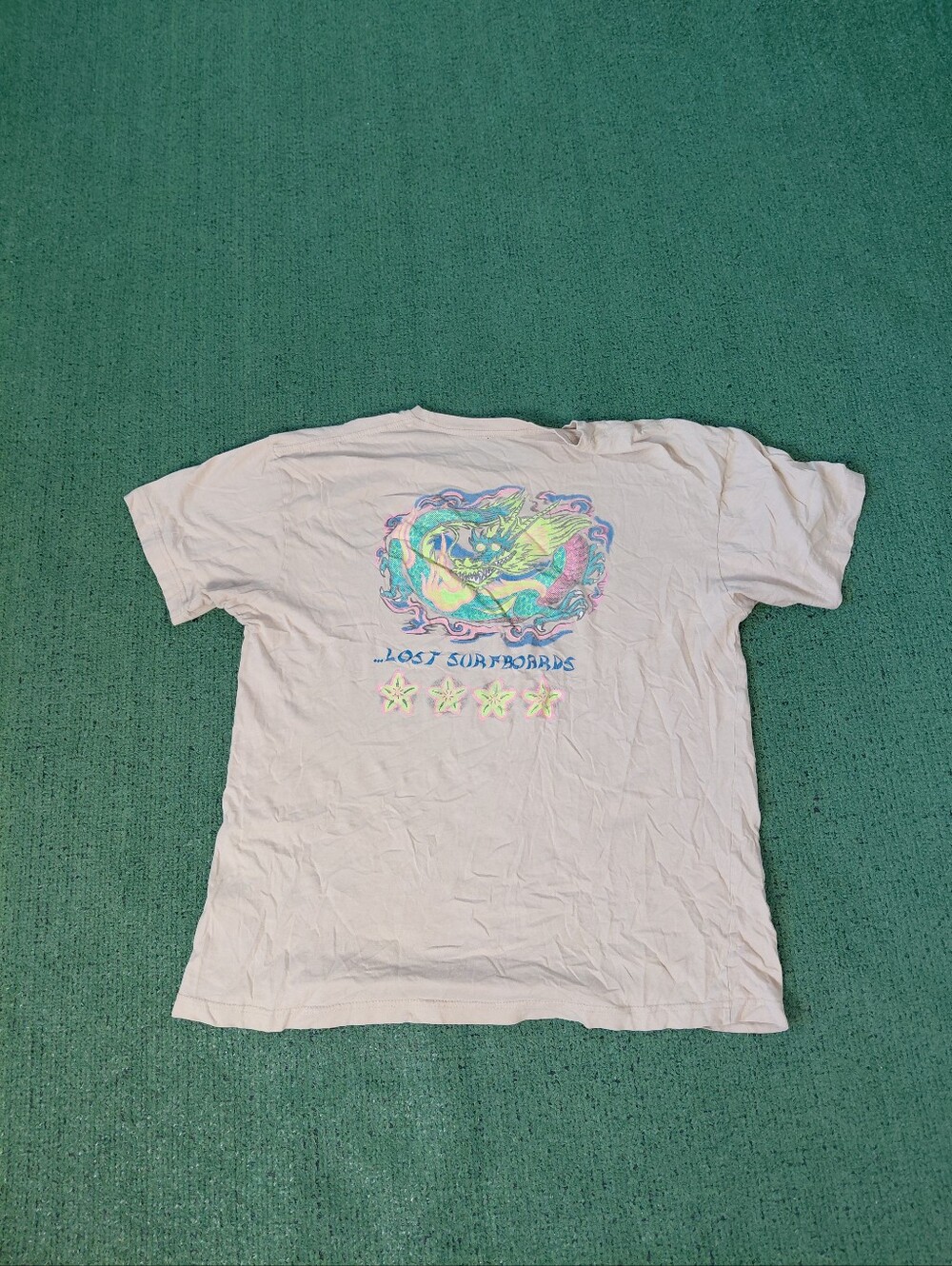Lost Surfboards Colorful Dragon Logo Surf Beige T Shirt Sz Large